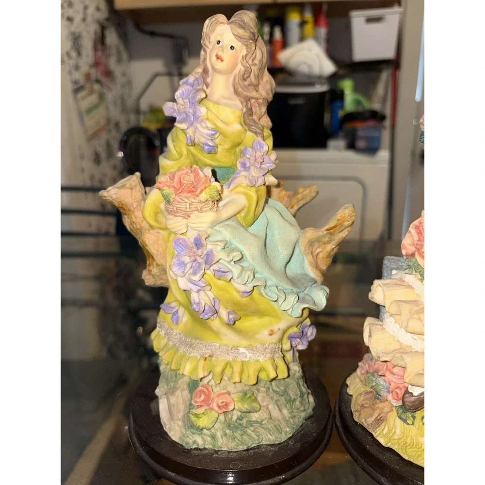 Vintage Victorian Style Lady Figurines Set 2pc Floral Dress Statue Decor 8